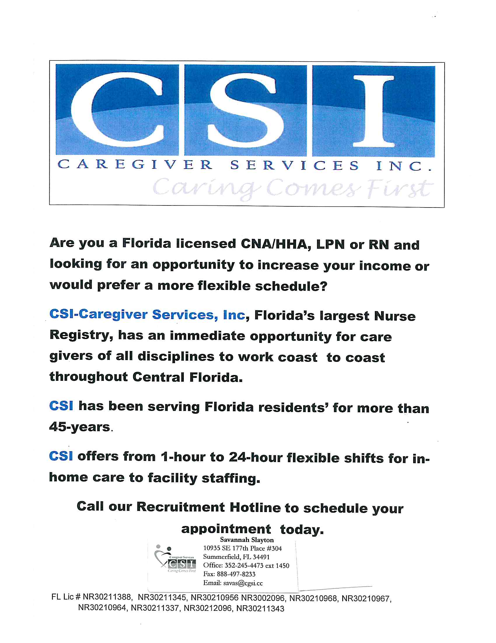 CSI Caregiver Services Inc Hiring for CNA/HHA LPN RA Lake Tech #39 s