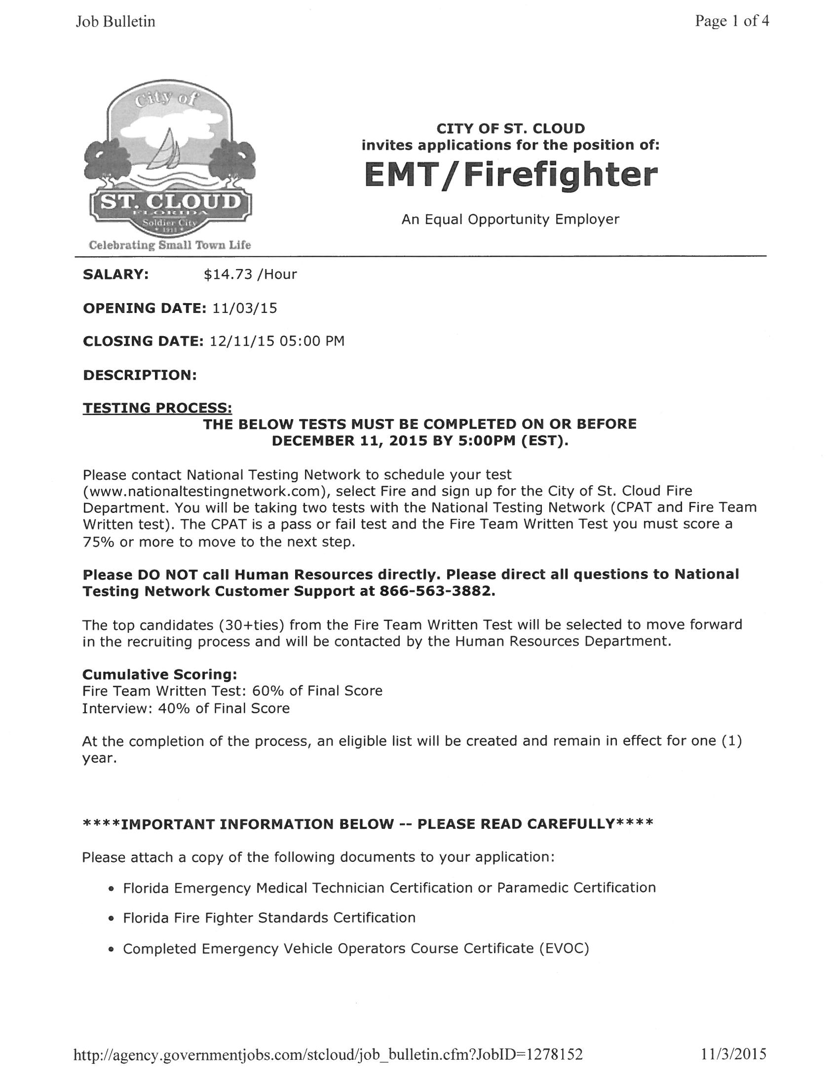 City of St. Cloud Hiring EMT/FF