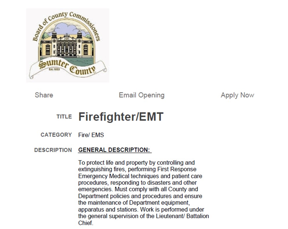 Sumter County Hiring FF/EMT