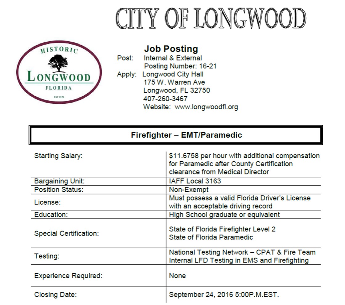 City of Longwood Hiring FF/EMT-Medic
