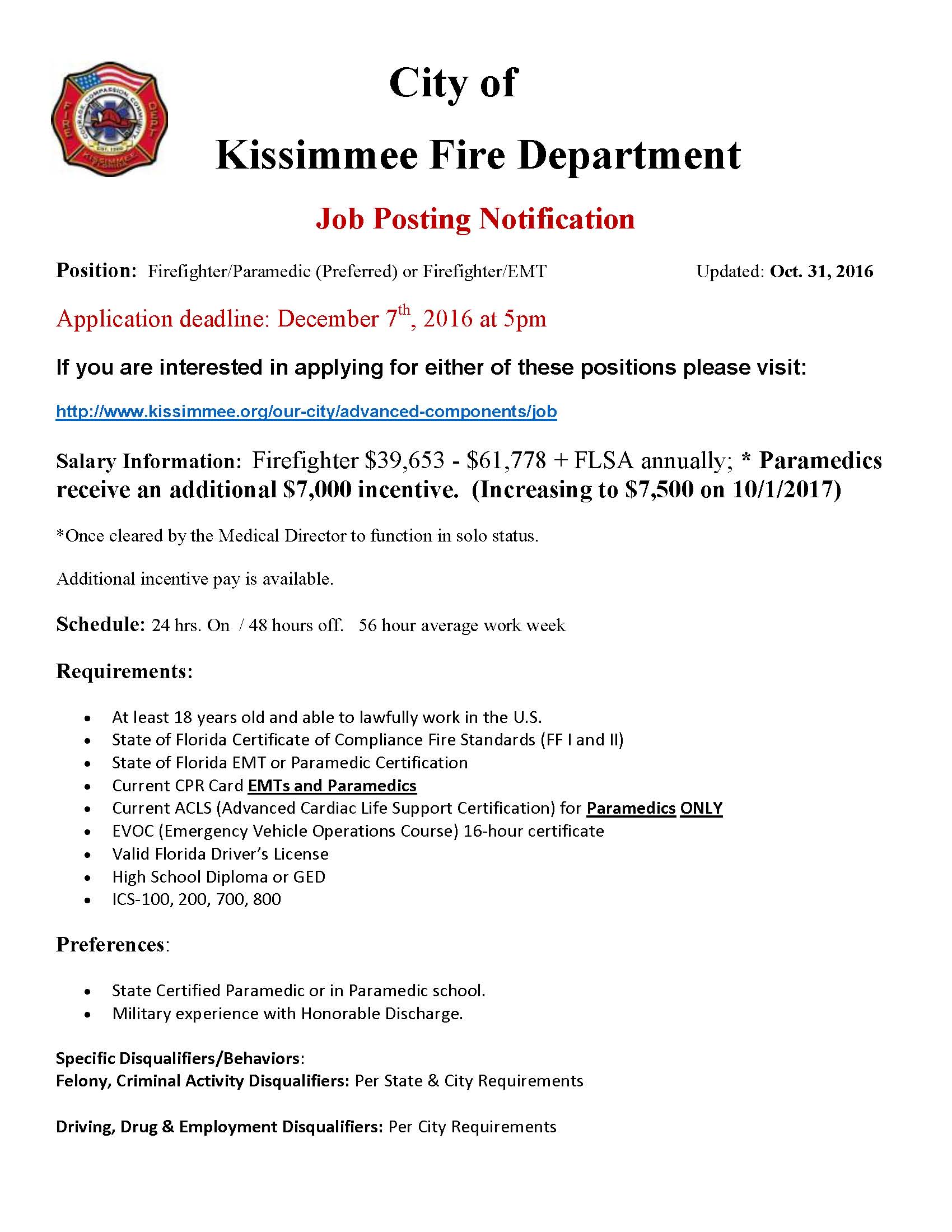 Kissimmee Fire Dept Hiring FF/Medic