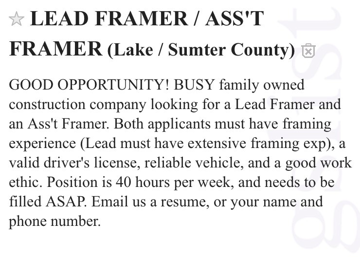 Framer Wanted – Lake/Sumter County