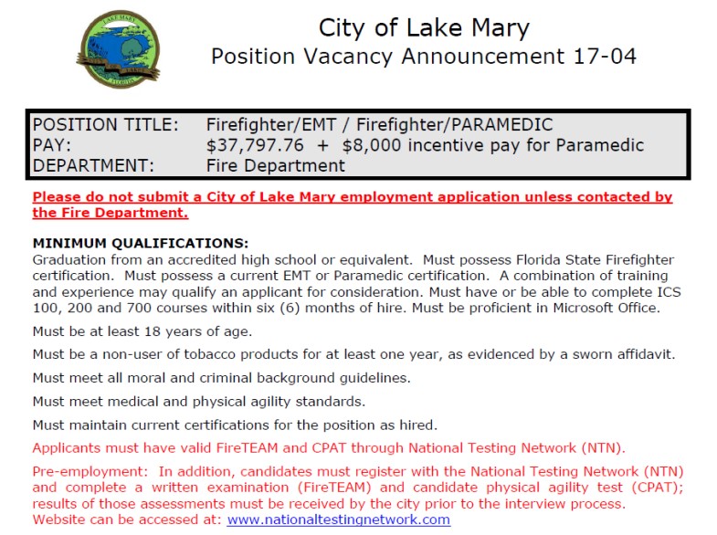 City of Lake Mary Hiring FF/EMT – Paramedic