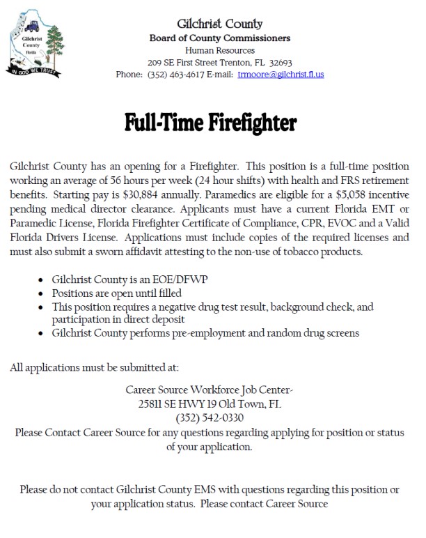 Gilchrist County Hiring Firefighter