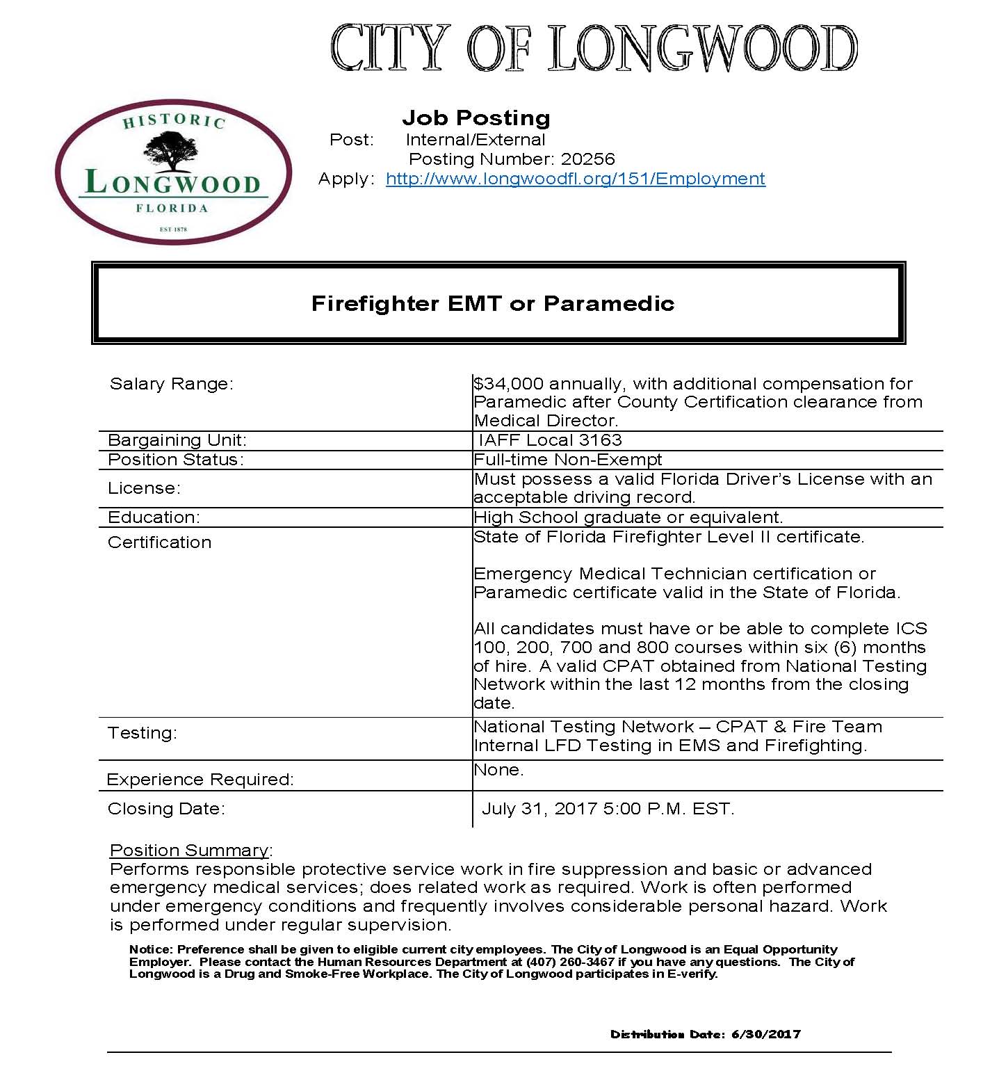 City of Longwood Hiring Firefighter/EMT or Paramedic