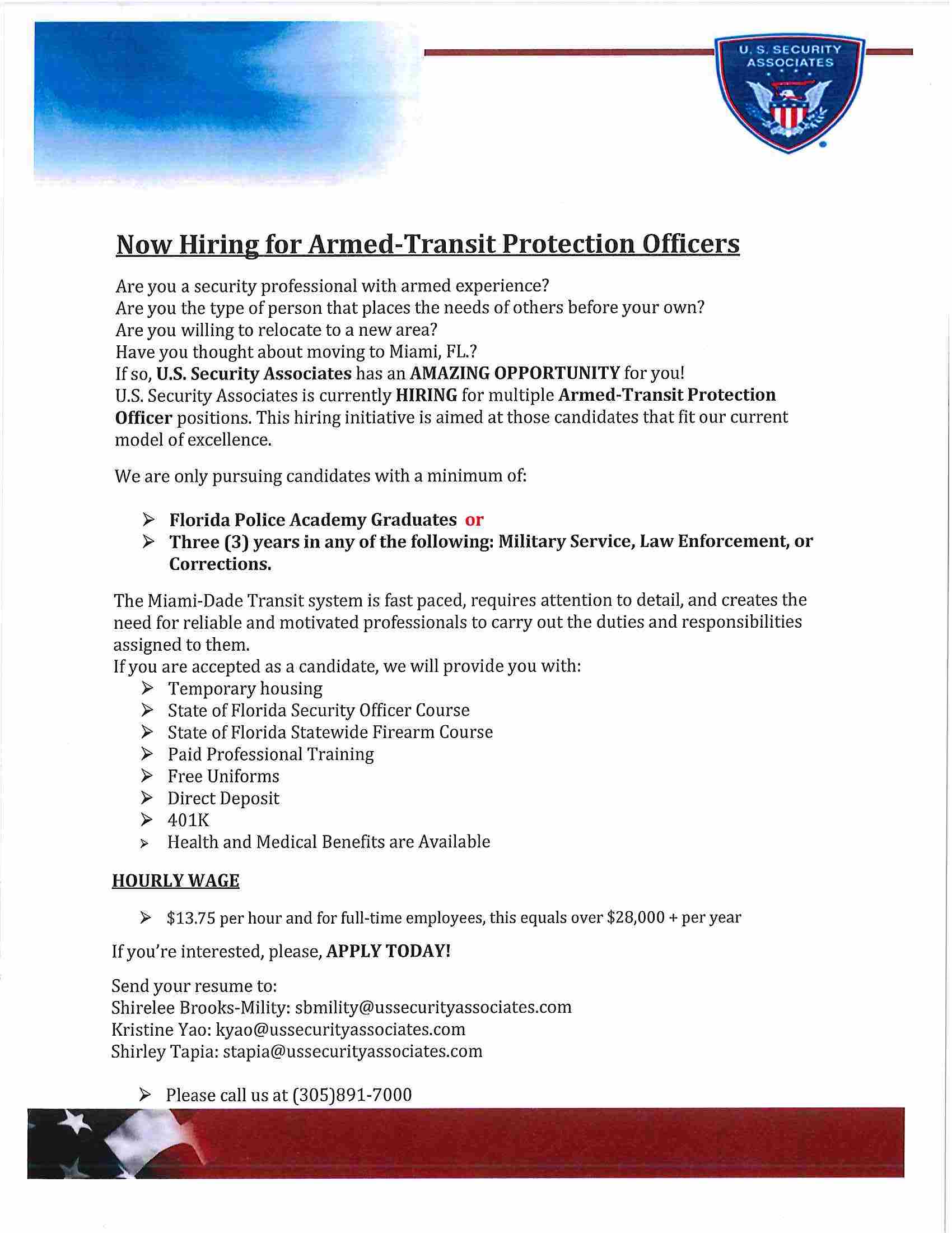 U.S. Security Associates Hiring Armed-Transit Protection Officers – Miami, FL