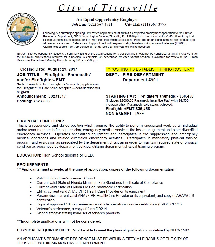 City of Titusville Hiring FF/Paramedic and/or FF/EMT