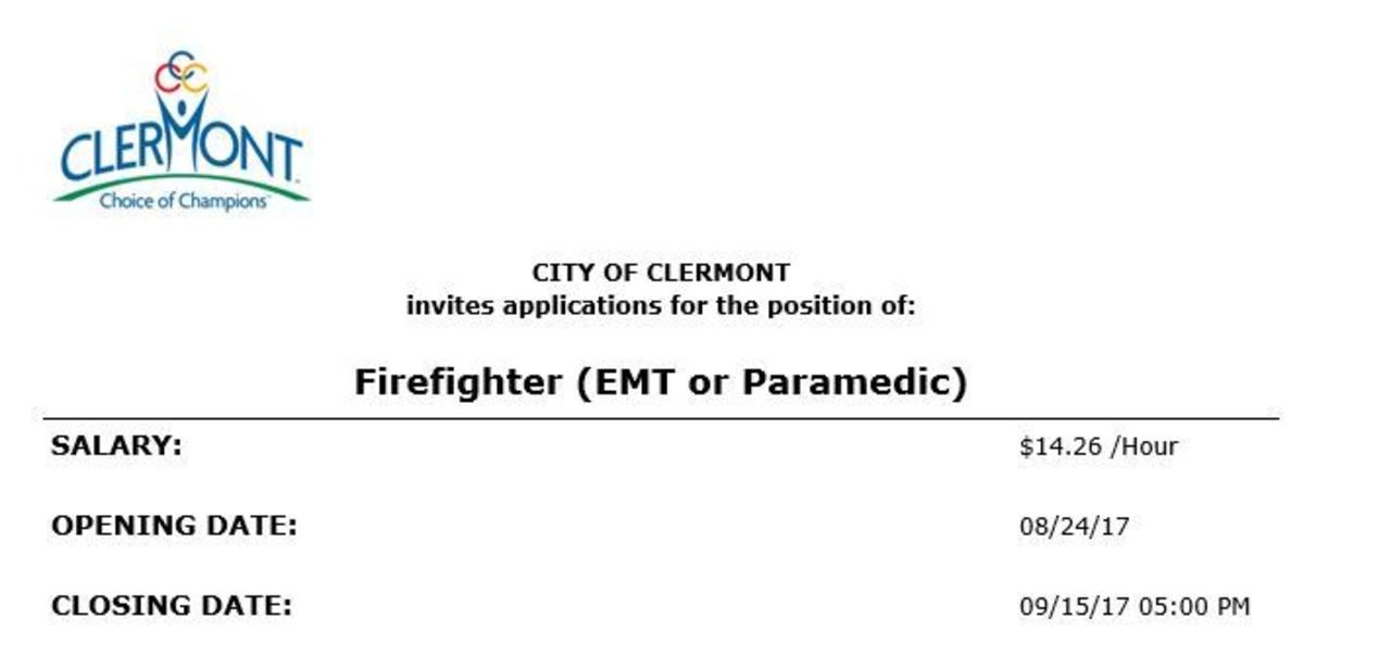 City of Clermont Hiring FF/EMT or Paramedic