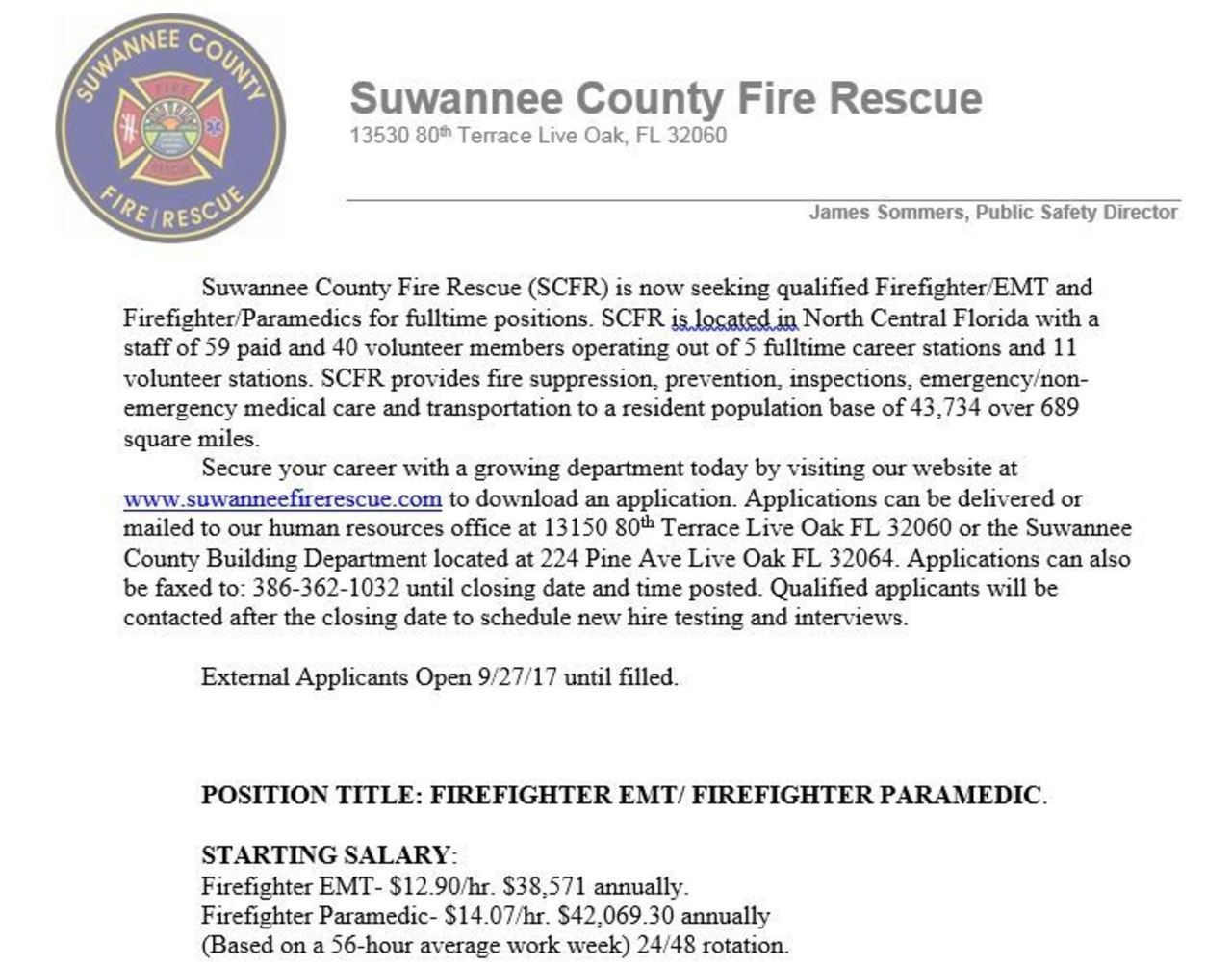 Suwannee County Fire Rescue Hiring FF/EMT & FF/Paramedic