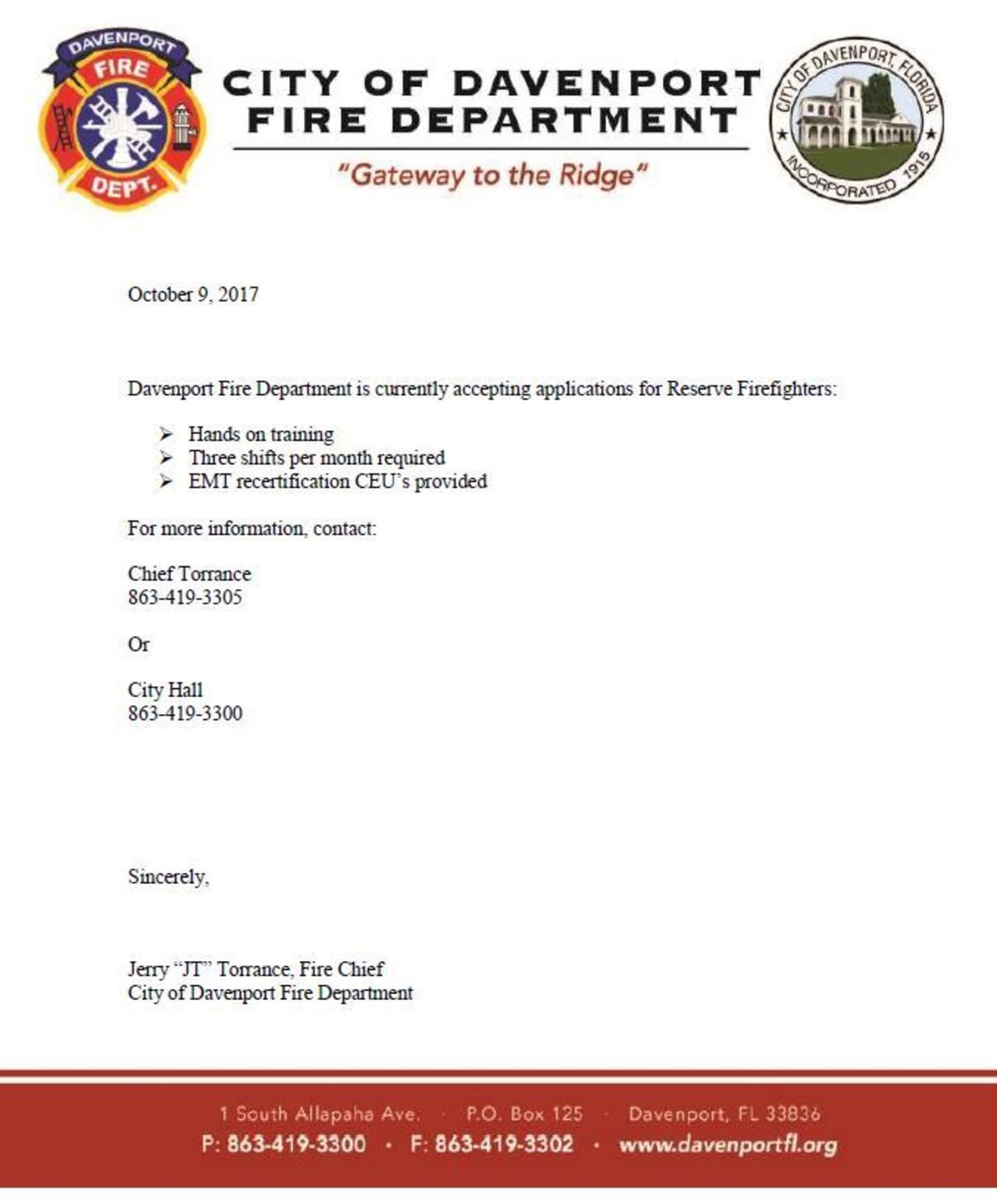 Davenport FD Hiring Reserve Firefighters