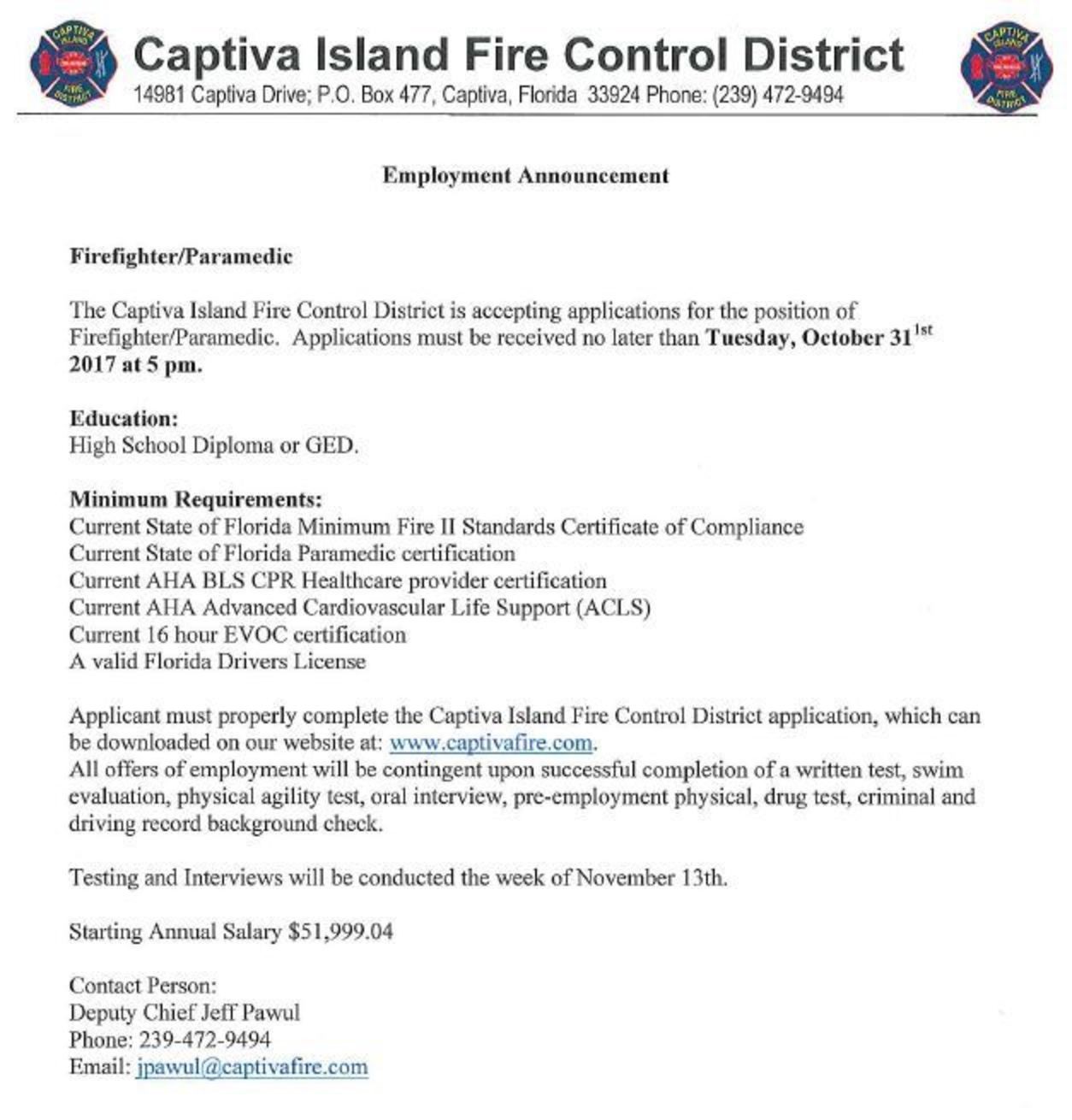Captiva Island Fire Control District Hiring