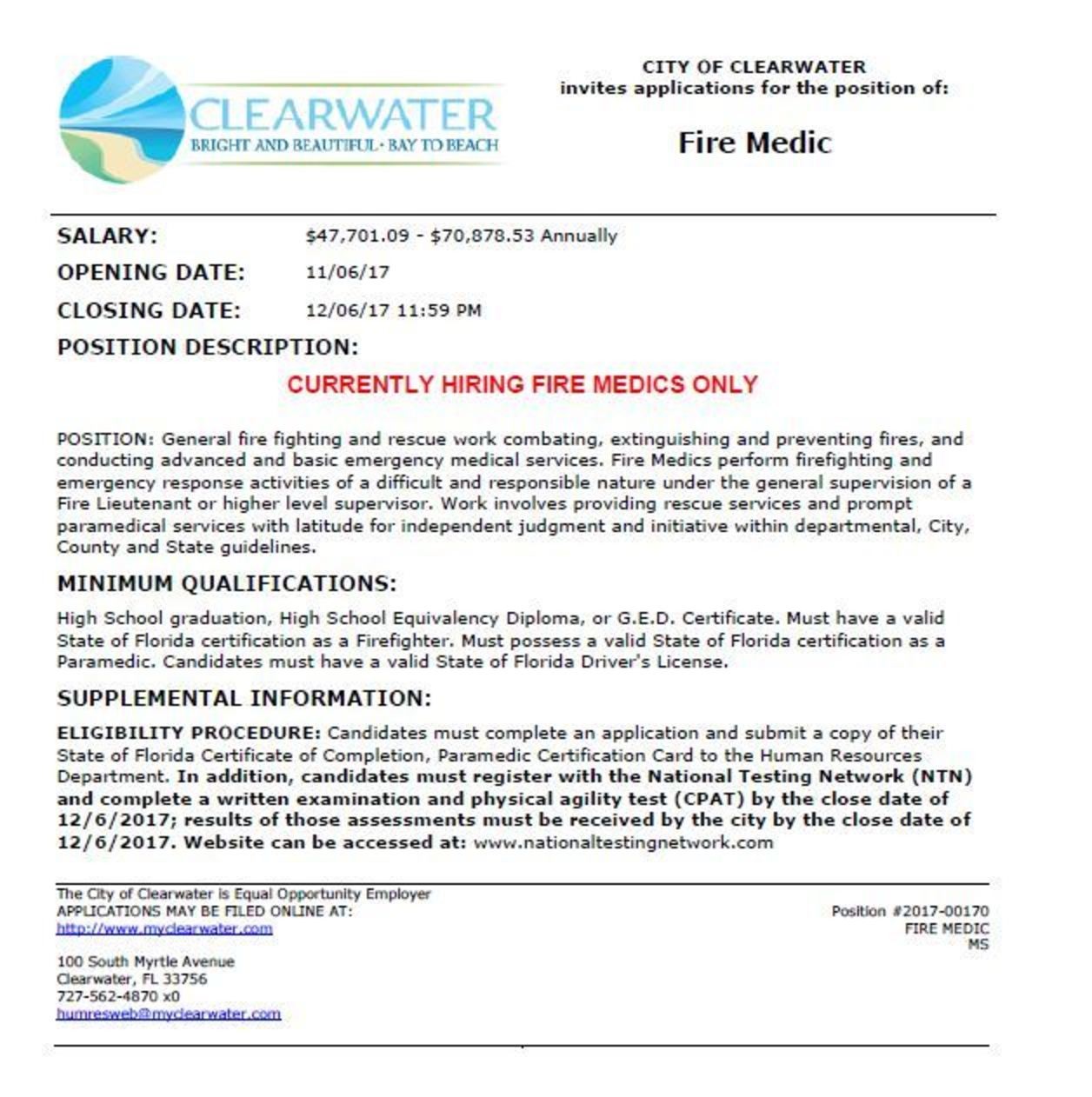 City of Clearwater Hiring Fire Medic