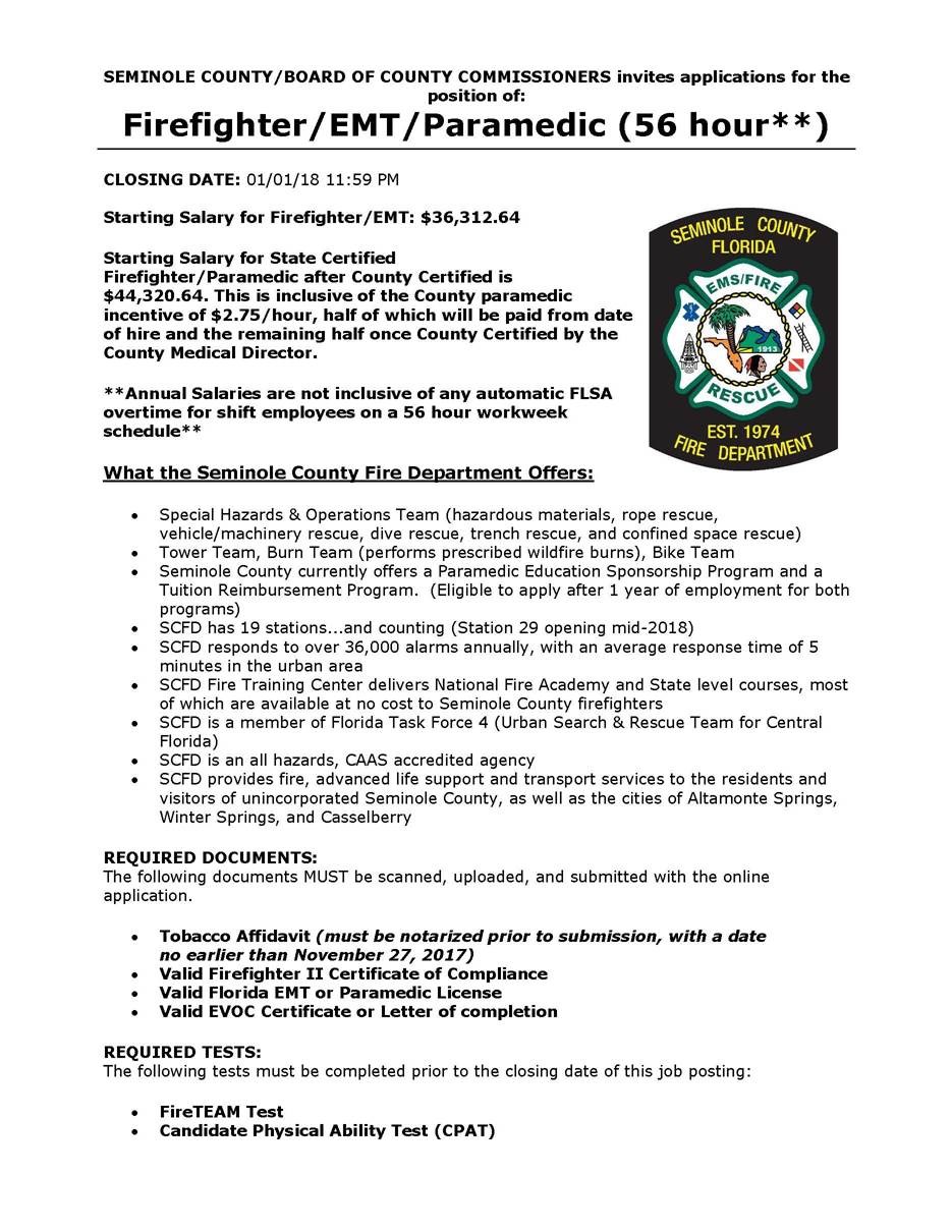Seminole County Hiring FF/EMT/Paramedic