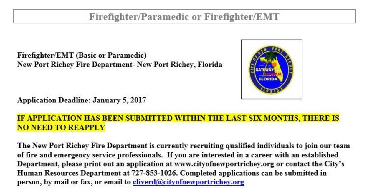 New Port Richey Hiring FF/EMT – Paramedic