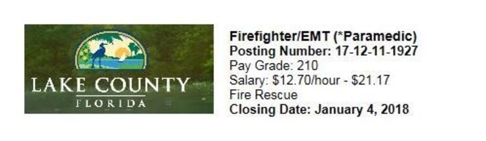 Lake County Florida Hiring FF/EMT Paramedic