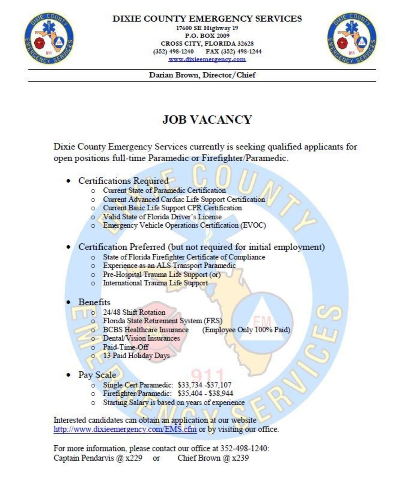Dixie County Emergency Services Hiring Paramedic or FF/Medic