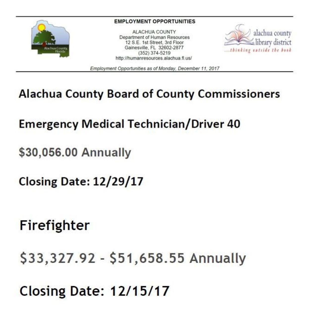 Alachua County Hiring FF and EMT/Driver