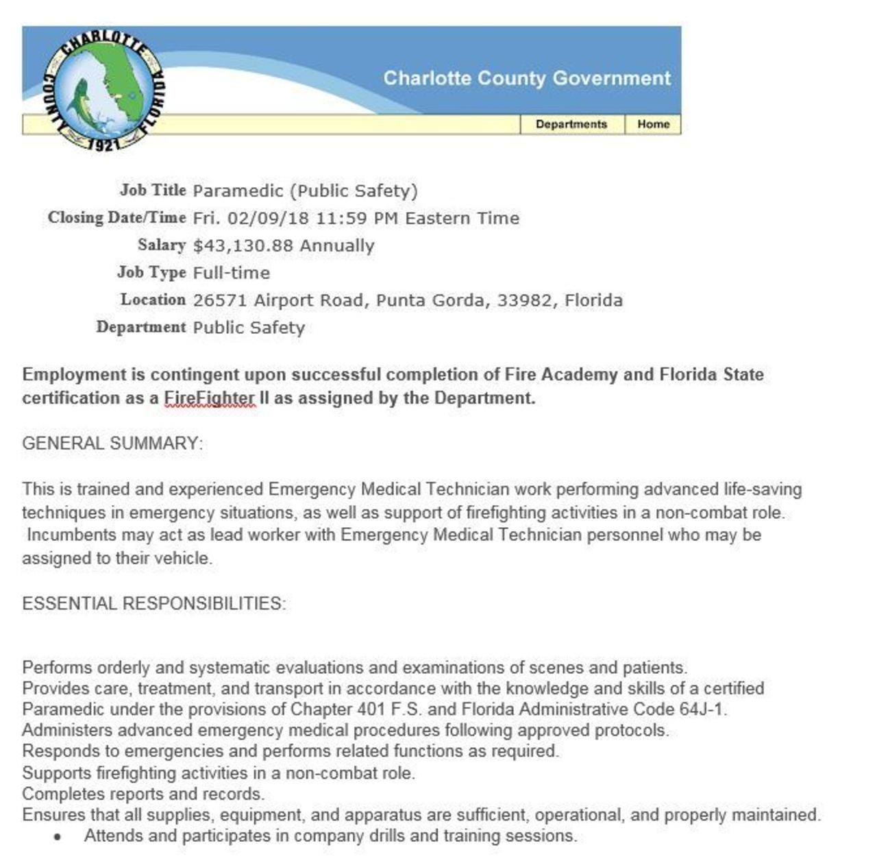 Charlotte County Government Hiring FF II
