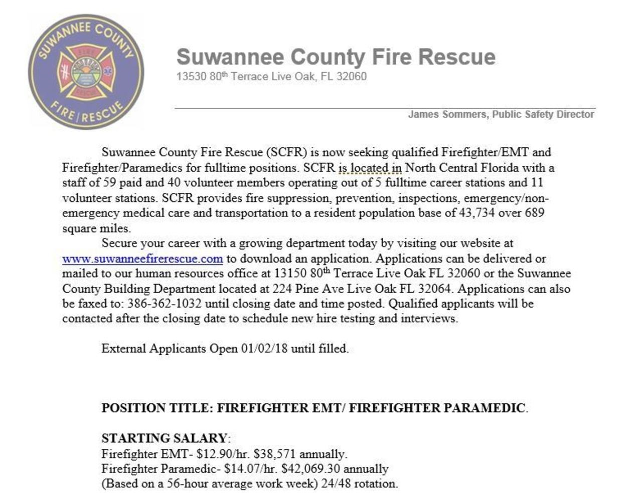 Suwannee County Fire Rescue Hiring FF/EMT and FF/Paramedic