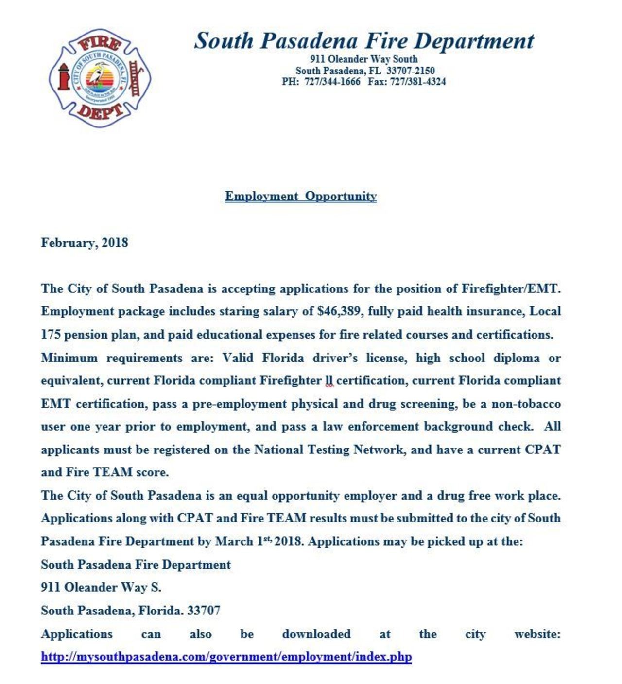 South Pasadena Fire Department Hiring FF/EMT
