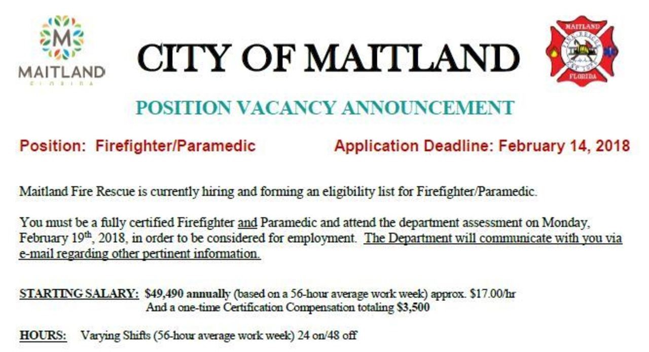 City of Maitland Hiring FF/Paramedic