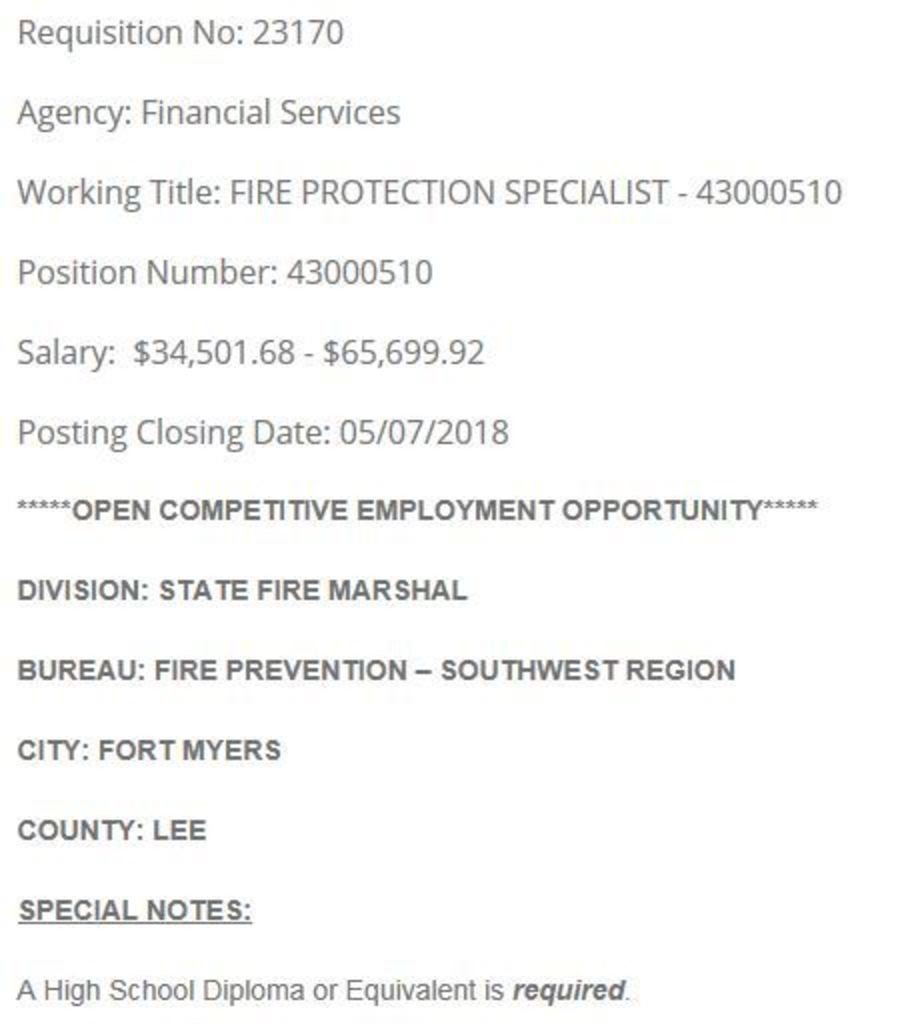 Fort Myers Hiring Fire Protection Specialist