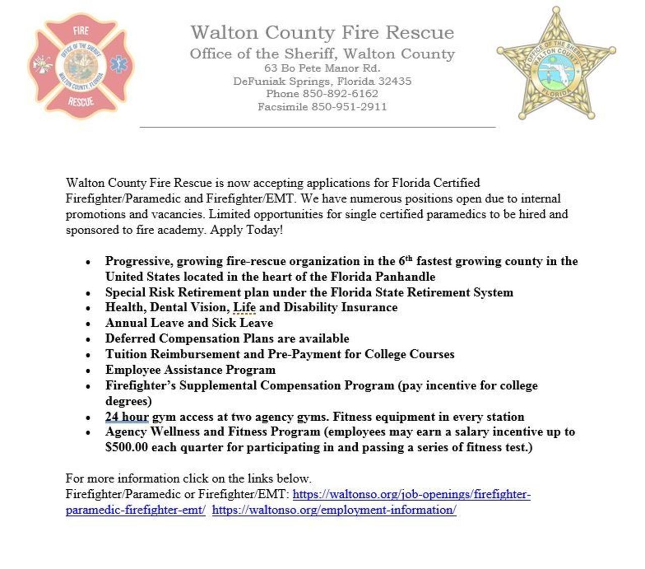 Walton County Fire Rescue Hiring Firefighter/EMT & Firefighter/Paramedic