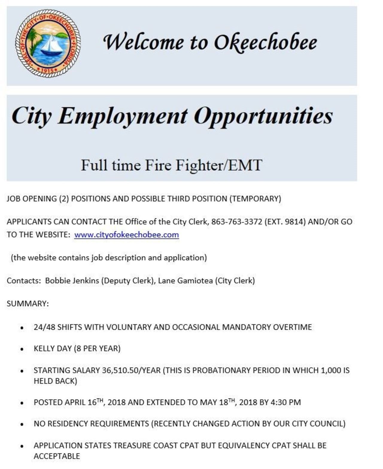 Okeechobee Hiring Firefighter/EMT