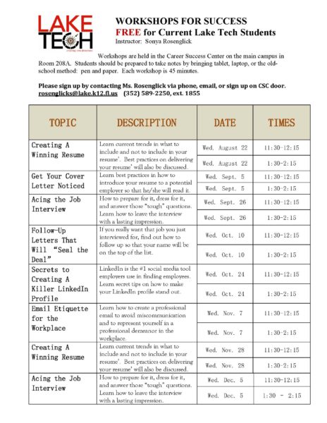 WORKSHOPS FOR SUCCESS Fall 2018 464x600 Friday Update 8/24/18