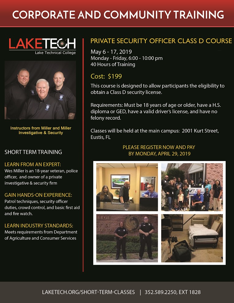 Security Guard Course Flyer Spring May 2019 Corporate & Community Training 04/12/19