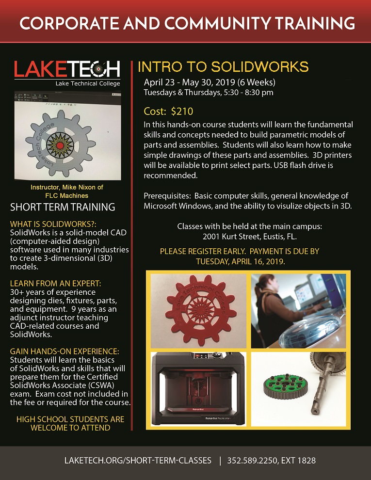 SolidWorks Flyer Spring 2019 Corporate & Community Training 04/12/19