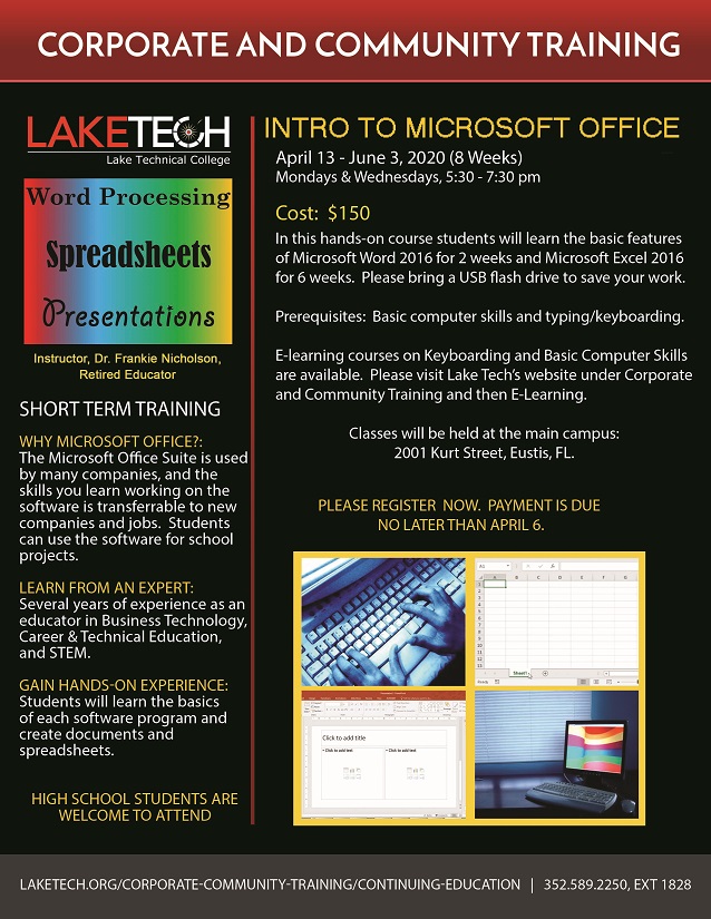 Microsoft Office Flyer Spring 2020 Intro to Microsoft Office ~ April 13th