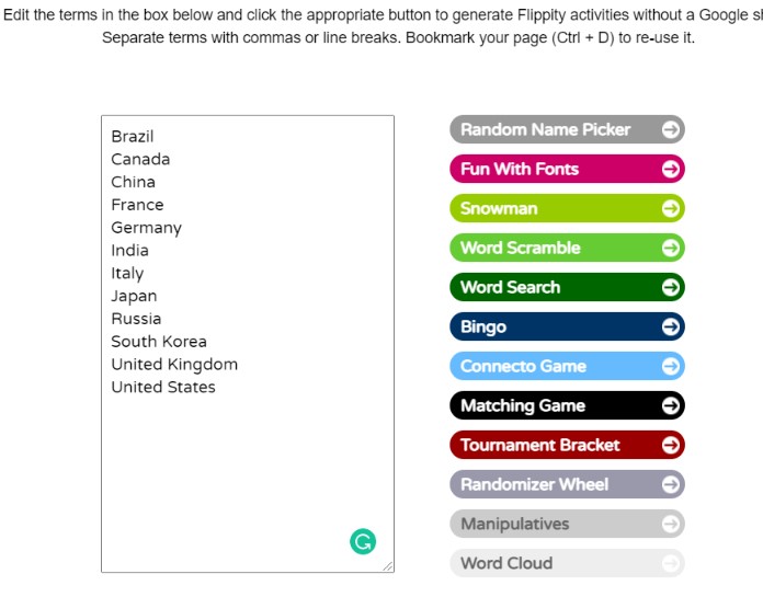 Flippity.net Game board for use in OG lesson