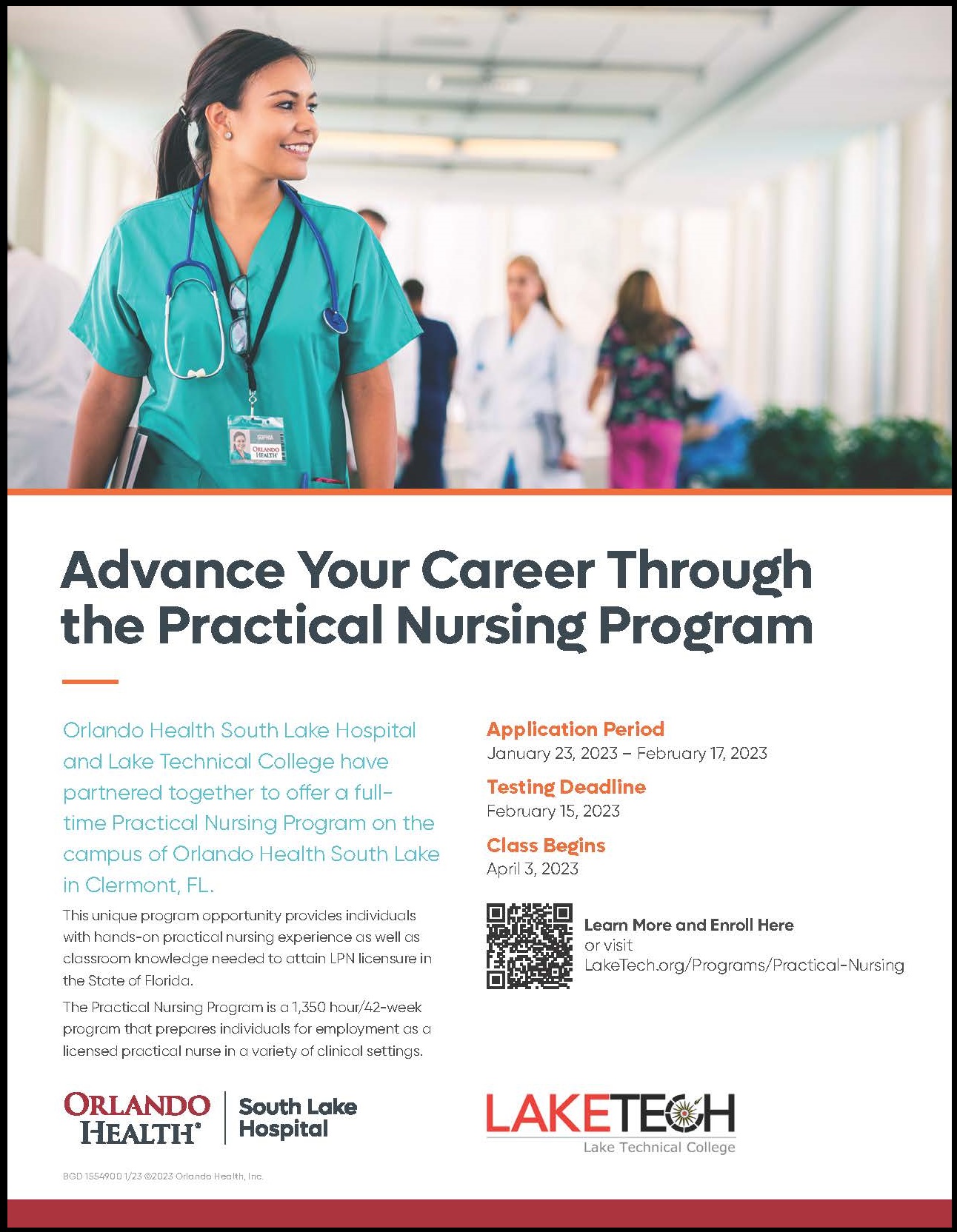 1554900 SLH Lake Technical CollegeSLH Practical Nursing Program Flyer 01 23 LTC & Orlando Health South Lake Hospital